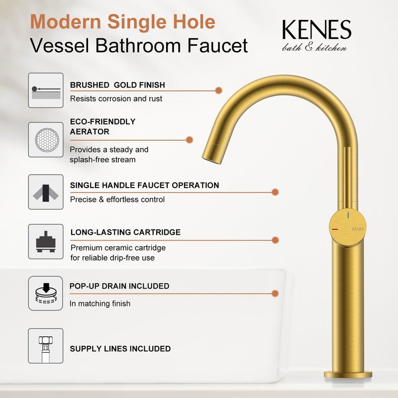 KENES Brushed Gold Tall Bathroom Faucet, Single Handle Vessel Sink Faucet Single Hole, Modern Bathroom Vanity Faucet with Pop Up Drain and Supply Lines, KE-9005C-4 - Image 3